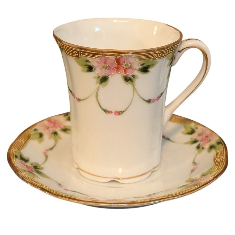 Antique Hand Painted Nippon Chocolate Cup and Saucer Rising Sun Mark